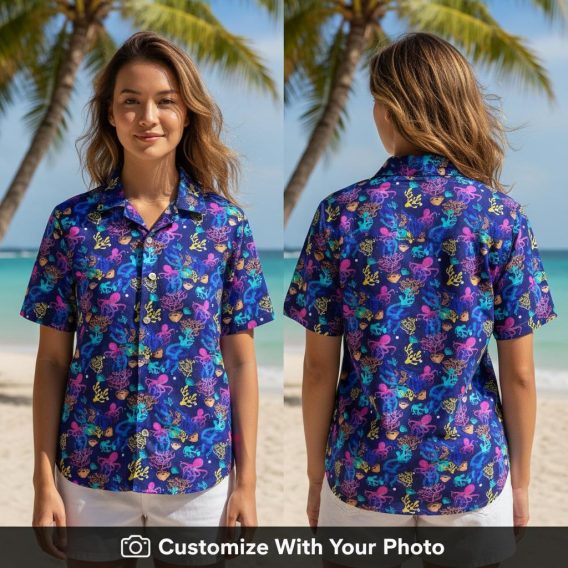 Woman wearing Ocean Octopus Hawaiian shirt with vibrant coral and seaweed patterns