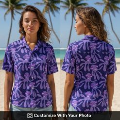 Woman wearing octopus Hawaiian shirt with blue and purple tentacles pattern, smiling outdoors