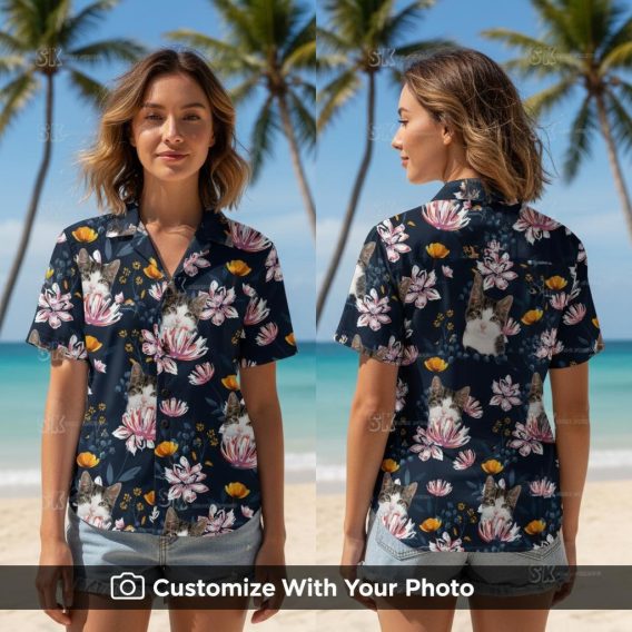 Woman wearing personalized cat Hawaiian shirt with pink and orange floral design