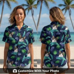 Woman wearing personalized cat Hawaiian shirt with custom pet face and jungle leaves