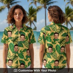 Woman wearing personalized Hawaiian shirt with face and green leaf prints outdoors
