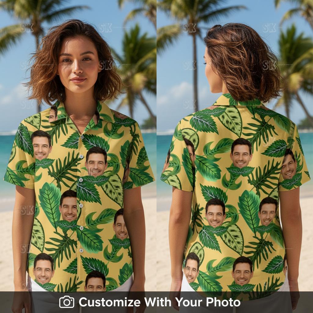 Woman wearing personalized Hawaiian shirt with face and green leaf prints outdoors