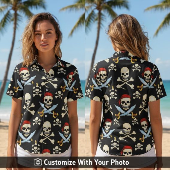Woman wearing pirate skull Hawaiian shirt with red bandanas and crossed swords design