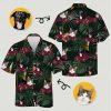 Cat and dog pattern womens plus size hawaiian shirts with red flowers green leaves