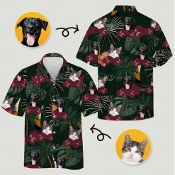Cat and dog pattern womens plus size hawaiian shirts with red flowers green leaves