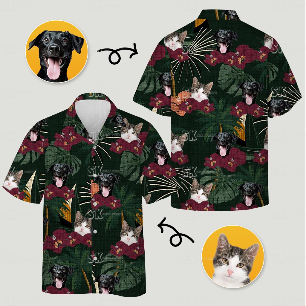 Cat and dog pattern womens plus size hawaiian shirts with red flowers green leaves