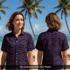 Woman wearing purple and black skull Halloween Hawaiian shirt with crossbones detail