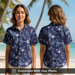Woman wearing purple flamingo Hawaiian shirt with pink and blue print outdoors