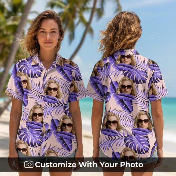 Woman wearing purple Hawaiian shirt with custom face and tropical leaves