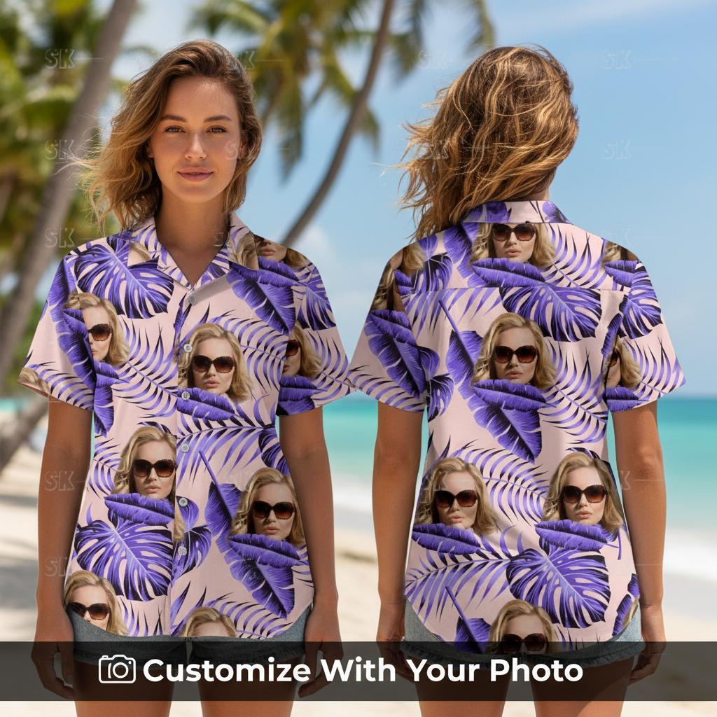 custom face hawaiian shirt - purple floral pattern woman wearing tropical shirt