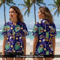 Woman wearing a vibrant purple Hawaiian shirt with custom face and tropical print