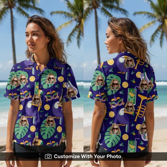 Woman wearing a vibrant purple Hawaiian shirt with custom face and tropical print