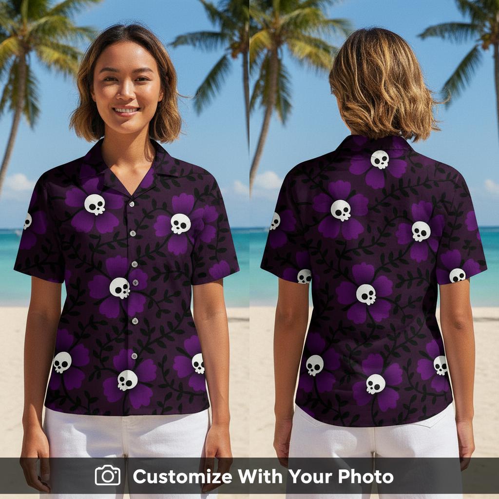Woman wearing a purple Hawaiian shirt with skull and floral black leaf print outdoors