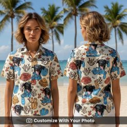 Woman wearing fun Spongebob Hawaiian shirt with dog pattern and coral sea plants