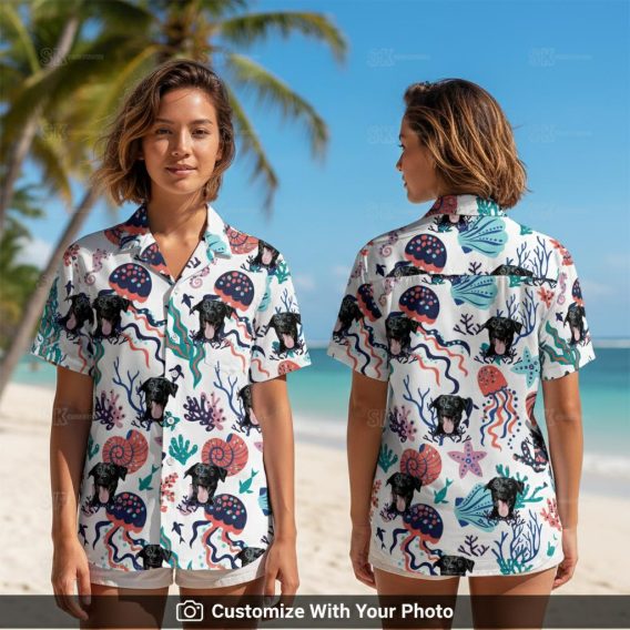 Woman in Spongebob white Hawaiian shirt with black dog and colorful sea motifs