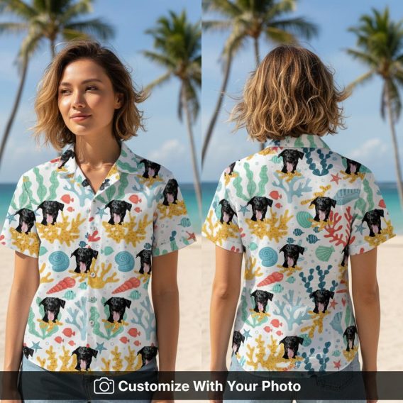 Woman wearing Spongebob Hawaiian shirt with dog face, ocean motifs, and bright colors