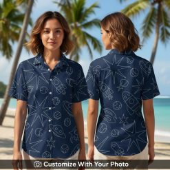 Woman wearing Star Wars Christmas Hawaiian shirt with rockets and planets pattern