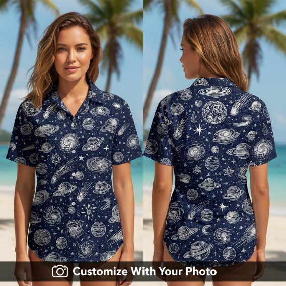 Woman wearing a Star Wars Tropical Shirt with navy galaxy print and cosmic planets