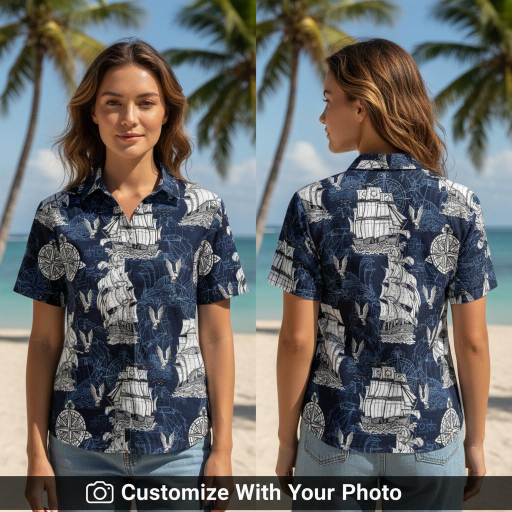 Woman wearing navy and white Hawaiian shirt with vintage ships and compass design