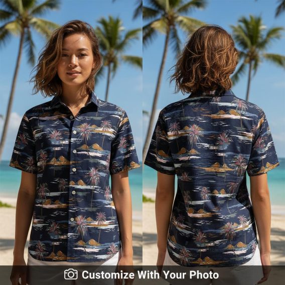 Woman wearing vintage Hawaiian shirt with palm tree and mountain print outdoors