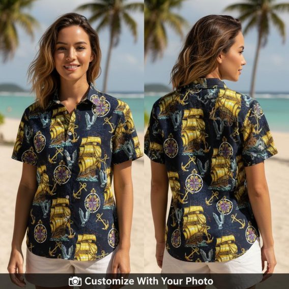 Woman wearing vintage Hawaiian shirt with yellow sailing ships and nautical pattern