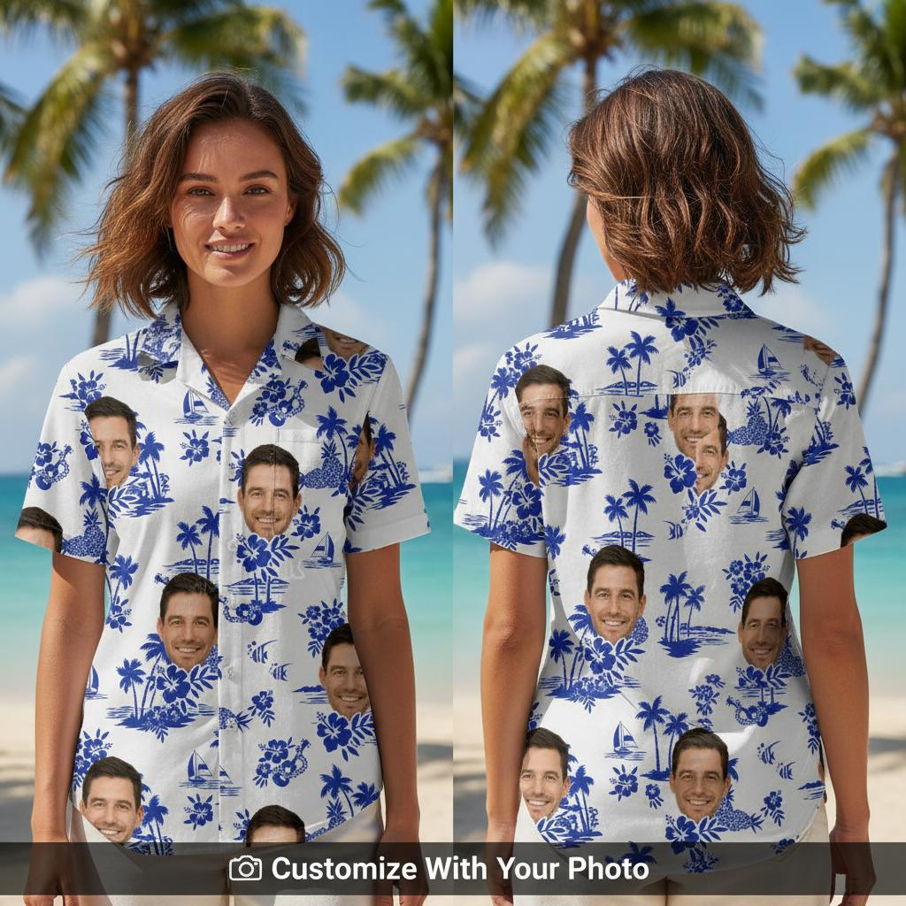 Woman in white silk Hawaiian shirt with blue palm trees, custom face print design