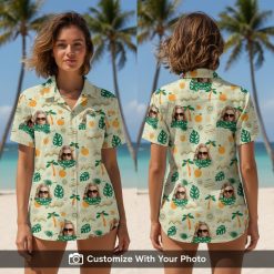 Woman wearing white Hawaiian shirt with tropical palms, oranges, and custom face pattern