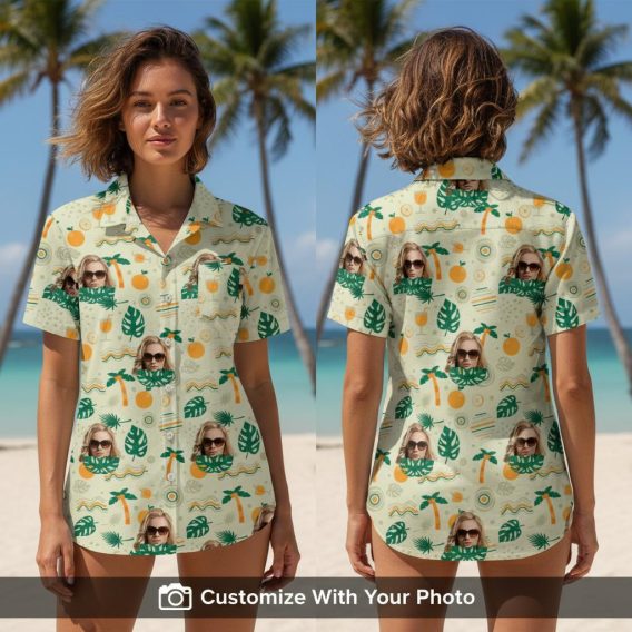 Woman wearing white Hawaiian shirt with tropical palms, oranges, and custom face pattern