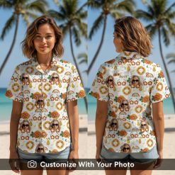 Woman in white Hawaiian shirt with sunglasses face, pineapple, and rainbow design