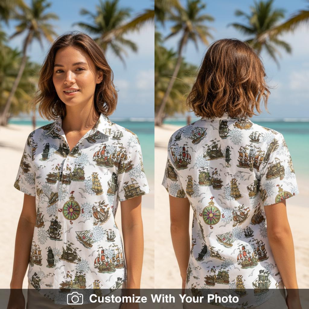 Woman wearing white pirate ship Hawaiian shirt with nautical ships, compasses, and flying birds