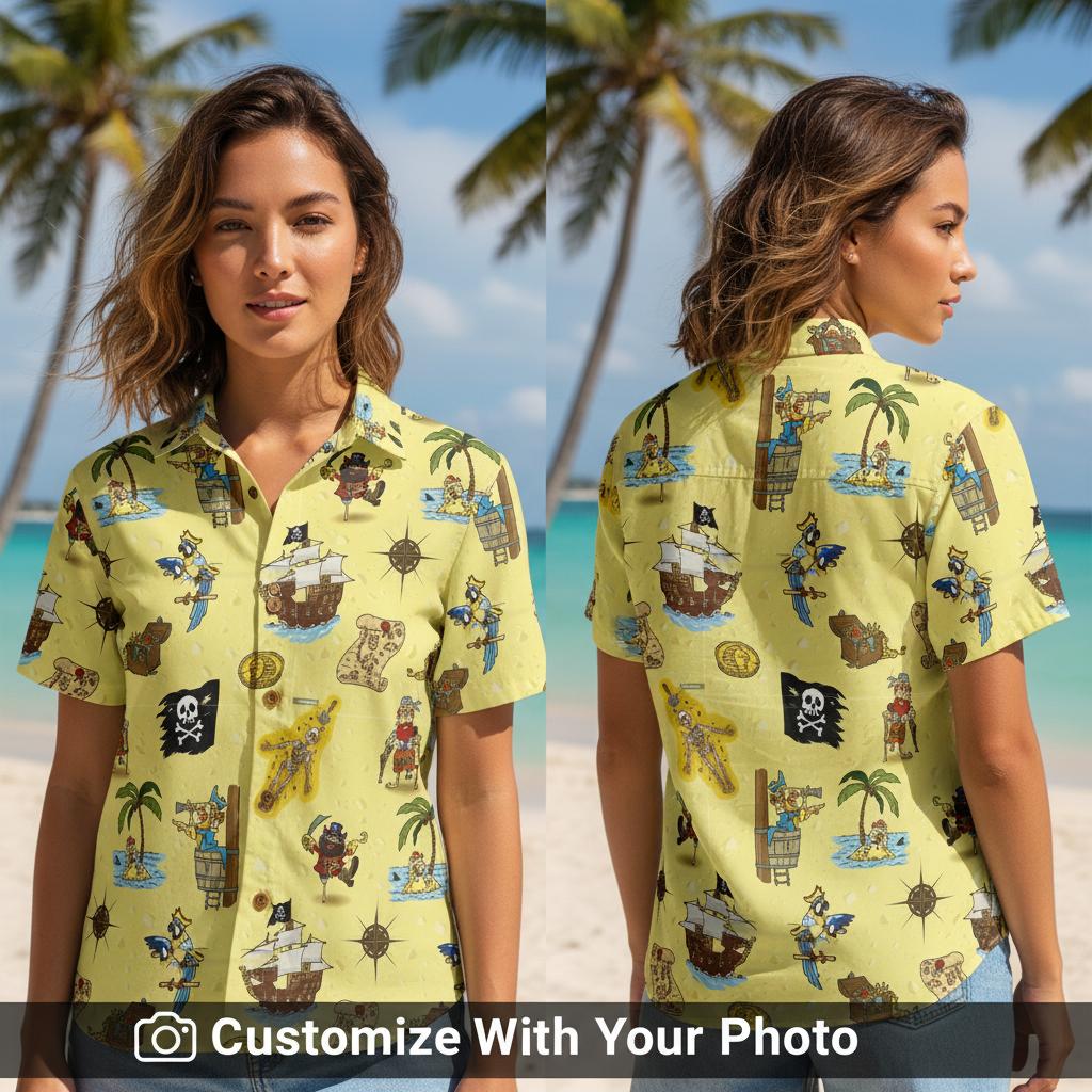 Yellow Pirate Hawaiian Shirt Custom Photo Men's Tropical Pittsburgh Theme ALT: tactical hawaiian shirt with military-inspired design and reinforced construction