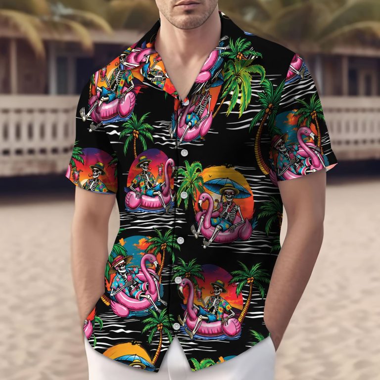 Skeleton Flamingo Hawaiian Shirt Men Women – Tropical Skull Pool Float Button Down Short Sleeve