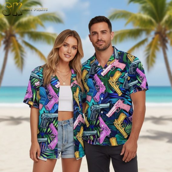 AK47 Hawaiian shirt featuring rifle prints and tropical design elements on button down shirt