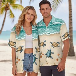 Model wearing Hawaiian shirt turtle pattern in summer vacation lifestyle scene