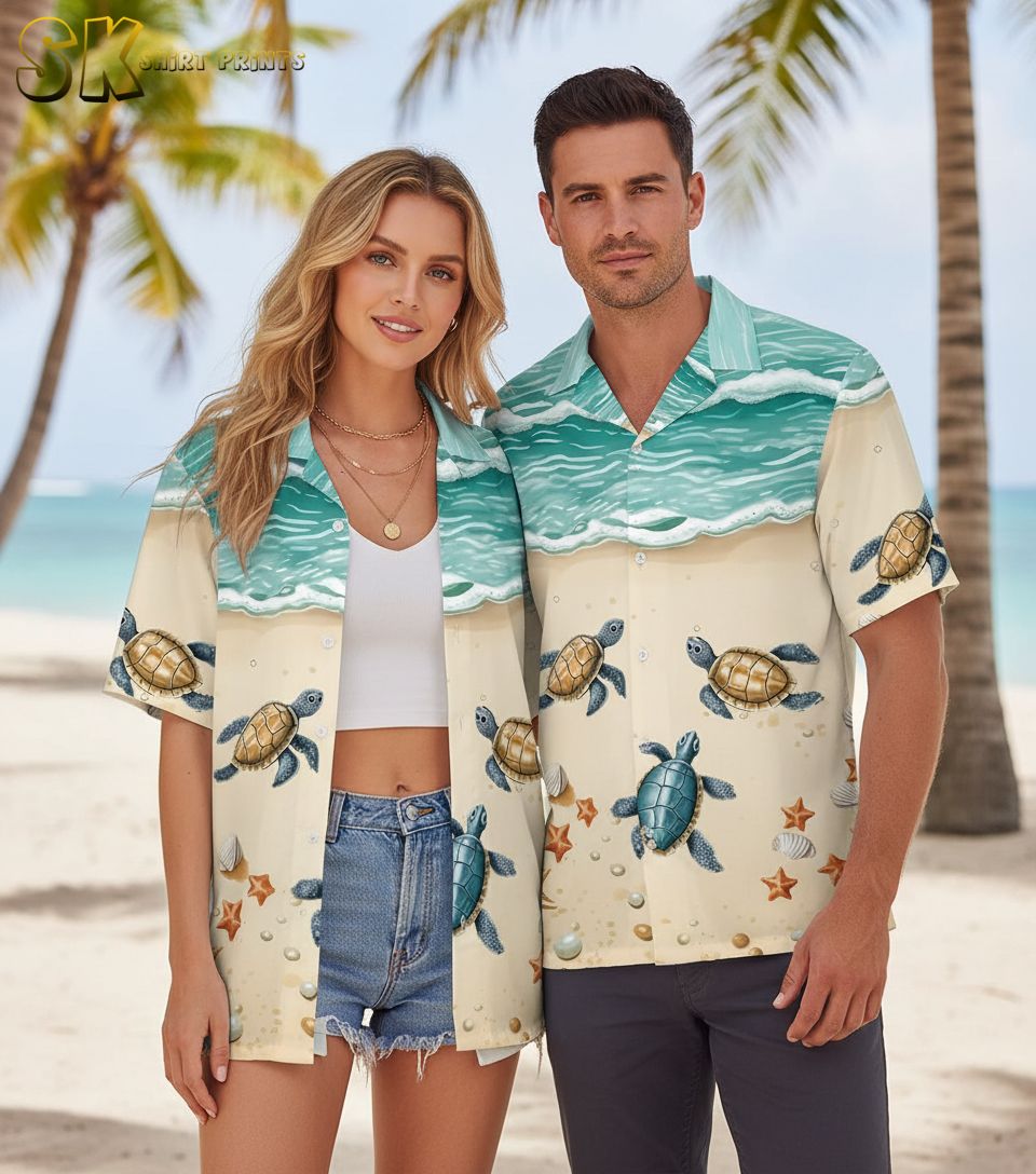 Model wearing Hawaiian shirt turtle pattern in summer vacation lifestyle scene