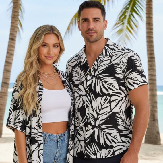 Man wearing bright tropical Aloha shirt in vacation-themed lifestyle photo
