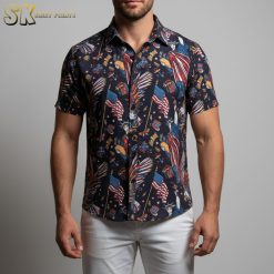 Patriotic Hawaiian shirt displayed on model at beach setting with ocean background and palm trees