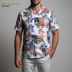 Man modeling stars stripes Hawaiian shirt outdoors with patriotic red white blue tropical print design
