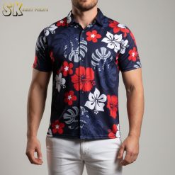 Male model in relaxed pose wearing American flag pattern Aloha shirt against neutral studio background