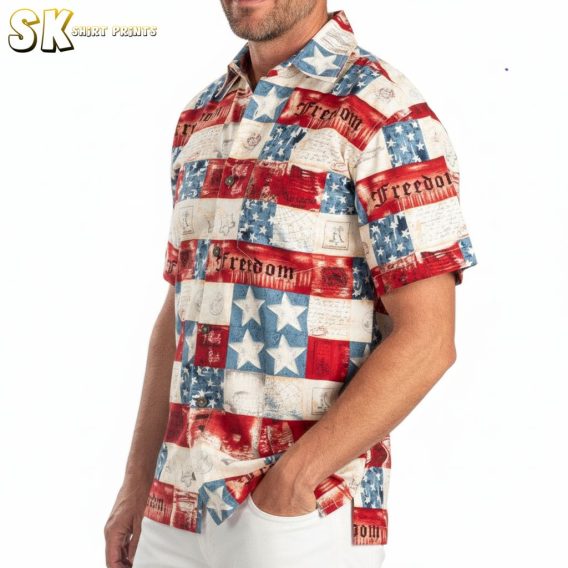 Man posing outdoors in American flag themed Hawaiian shirt with tropical red white blue pattern