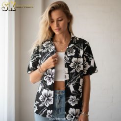 Army Hawaiian shirt specifications showing military tropical design and sizing details