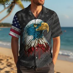Collection overview displaying multiple bald eagle Hawaiian shirt designs side by side in different color themes