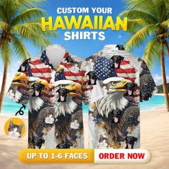 Fierce bald eagle hawaiian shirt pattern with dogs cats american flag elements