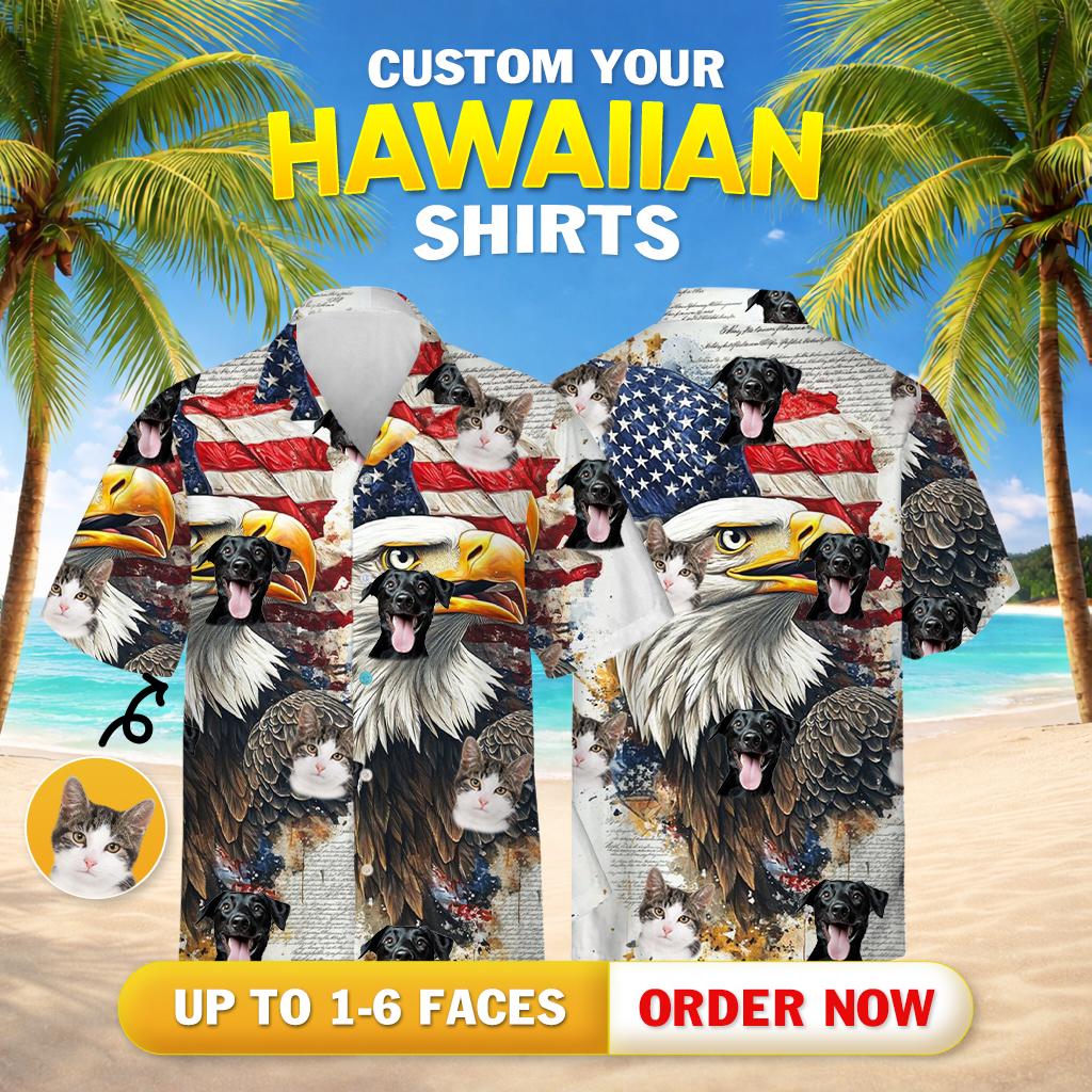 Fierce bald eagle hawaiian shirt pattern with dogs cats american flag elements