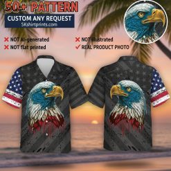 Man wearing bald eagle Hawaiian shirt with American flag design in casual lifestyle setting