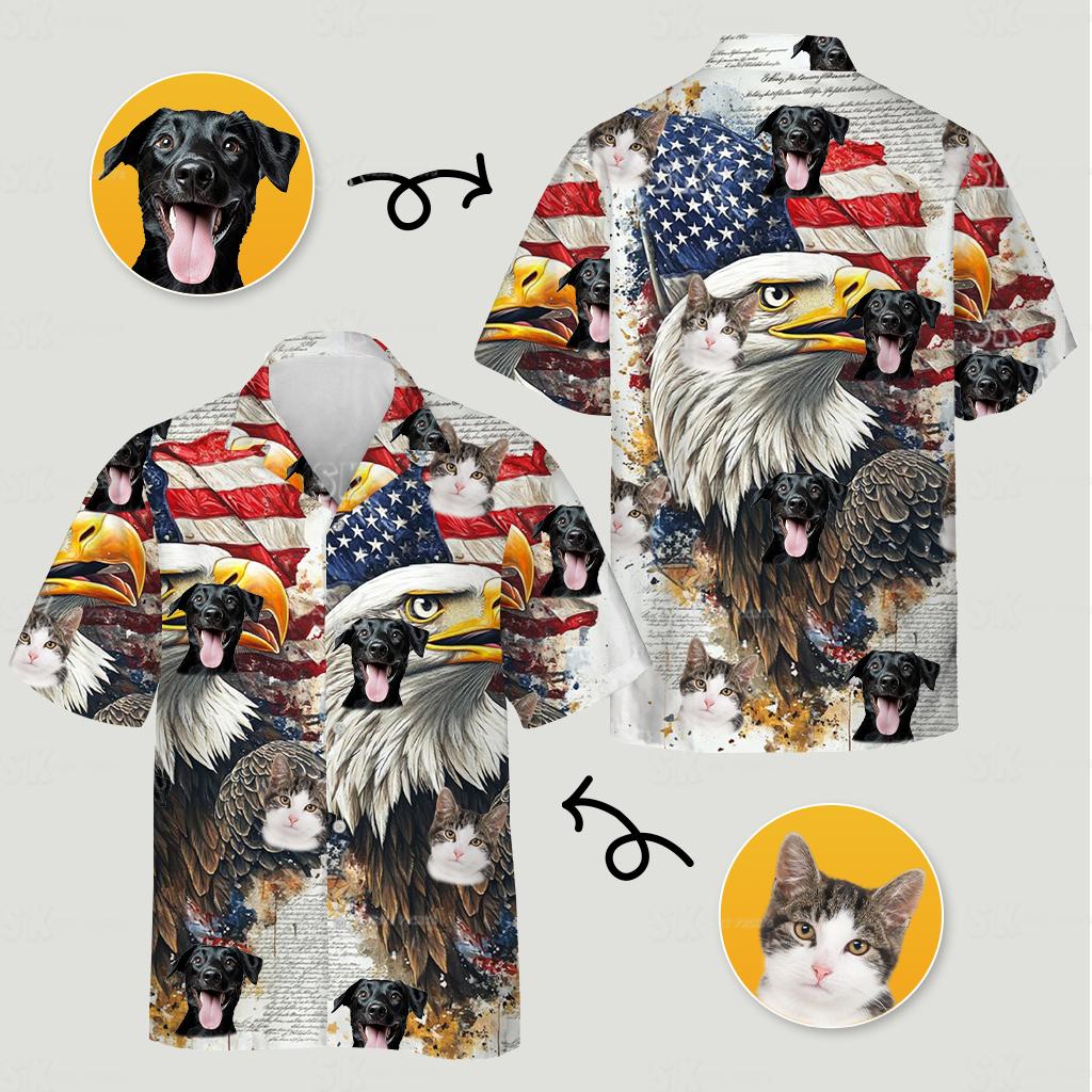 Collage bald eagle hawaiian shirt featuring eagle american flag dog cat design