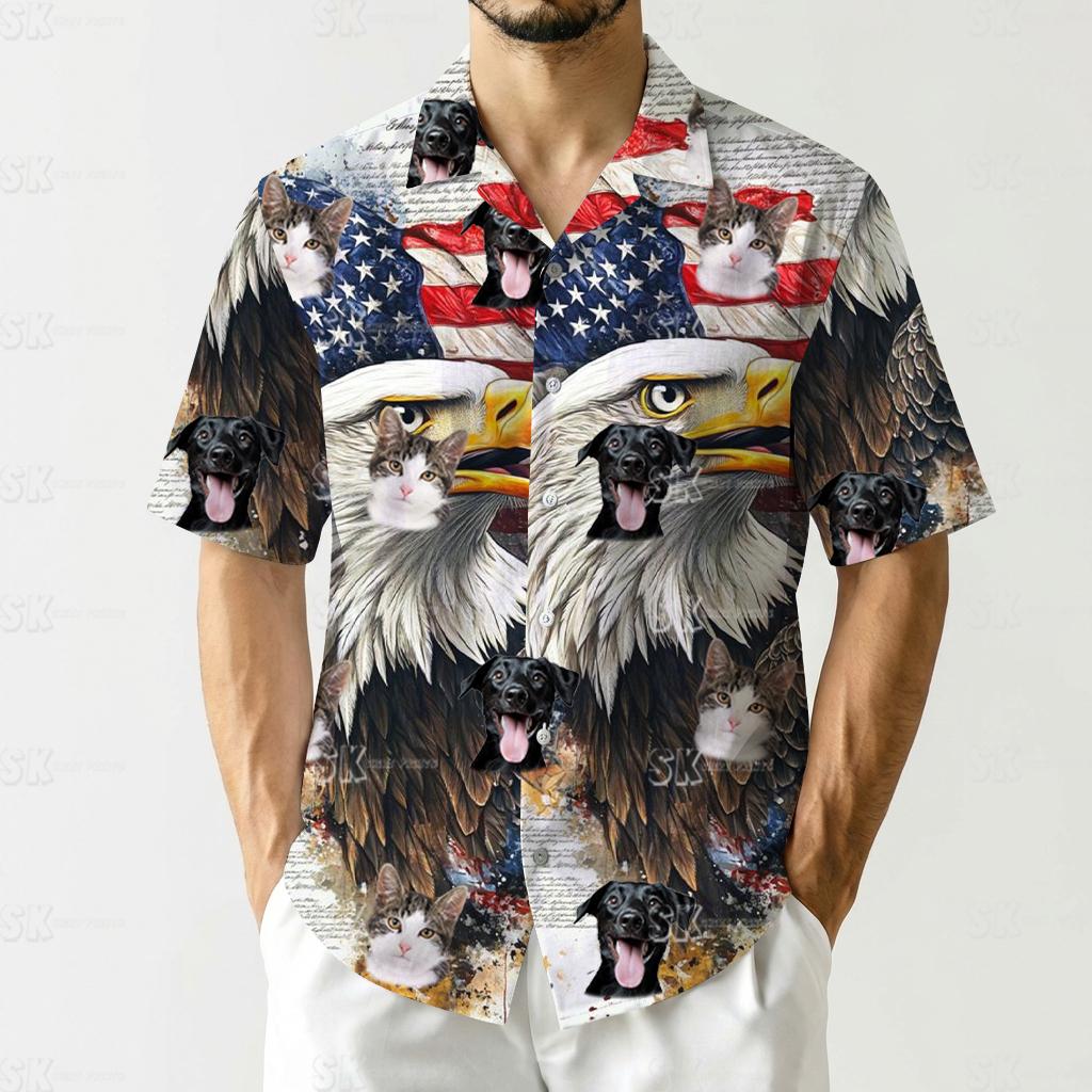 Pattern bald eagle hawaiian shirt showing eagles flags cats dogs patriotic theme