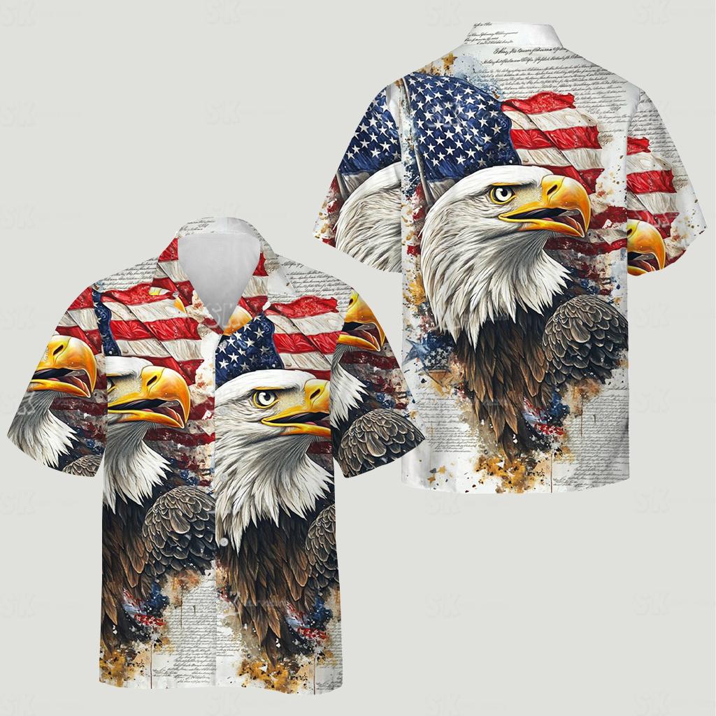 Realistic bald eagle hawaiian shirt displaying eagles with american flag background pattern
