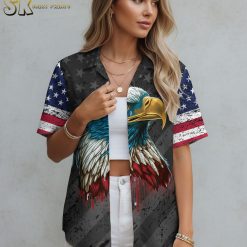 Size chart infographic showing bald eagle Hawaiian shirt measurements, fabric specs, and feature callouts