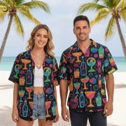 Man wearing bartender themed Hawaiian shirt with cocktail glass patterns in tiki bar atmosphere